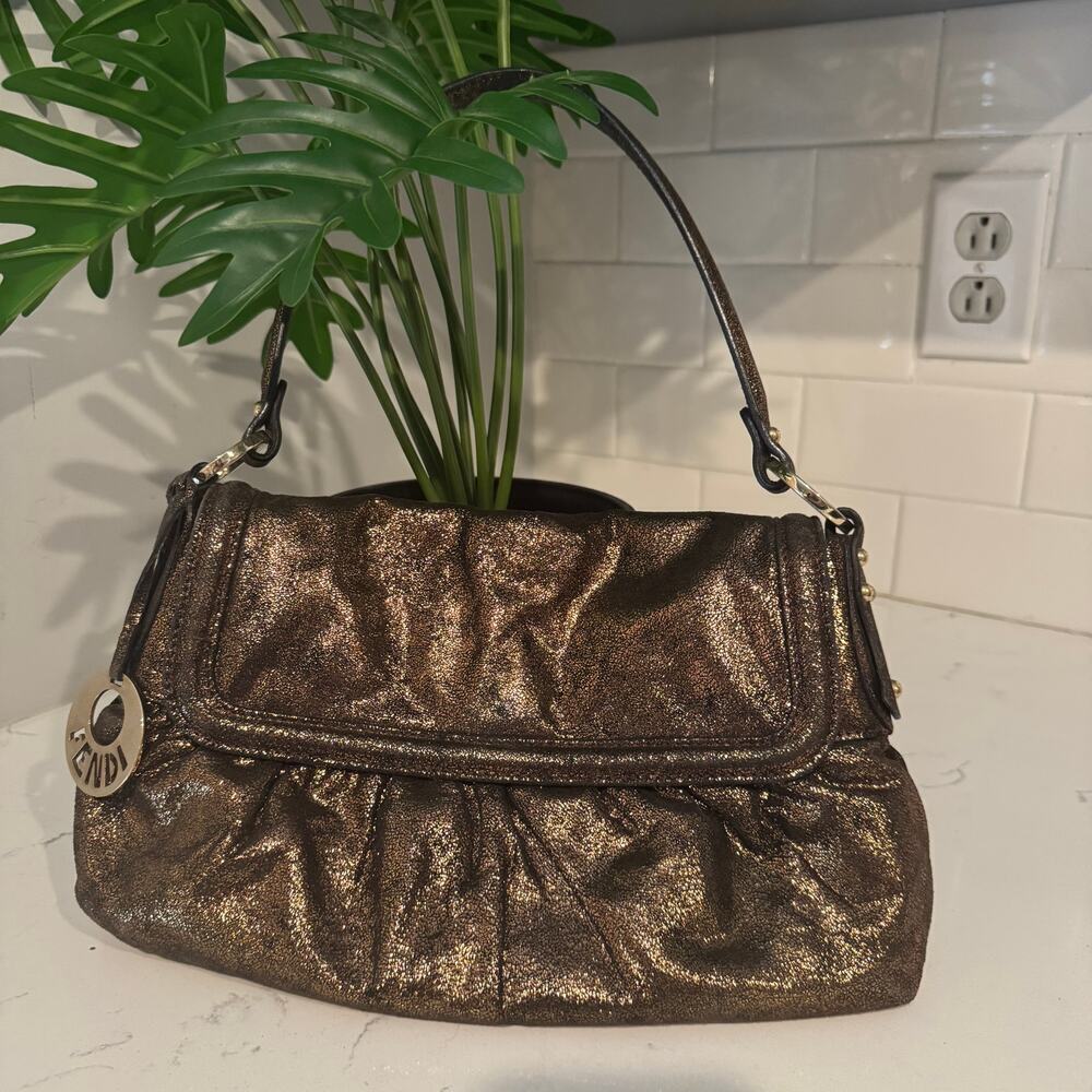 Fendi Metallic Bronze Leather Baguette Shoulder Bag Suede Interior Authentic COA